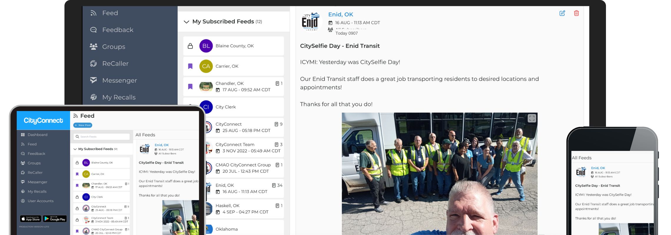 CityConnect app shown across desktop, tablet, and mobile layouts